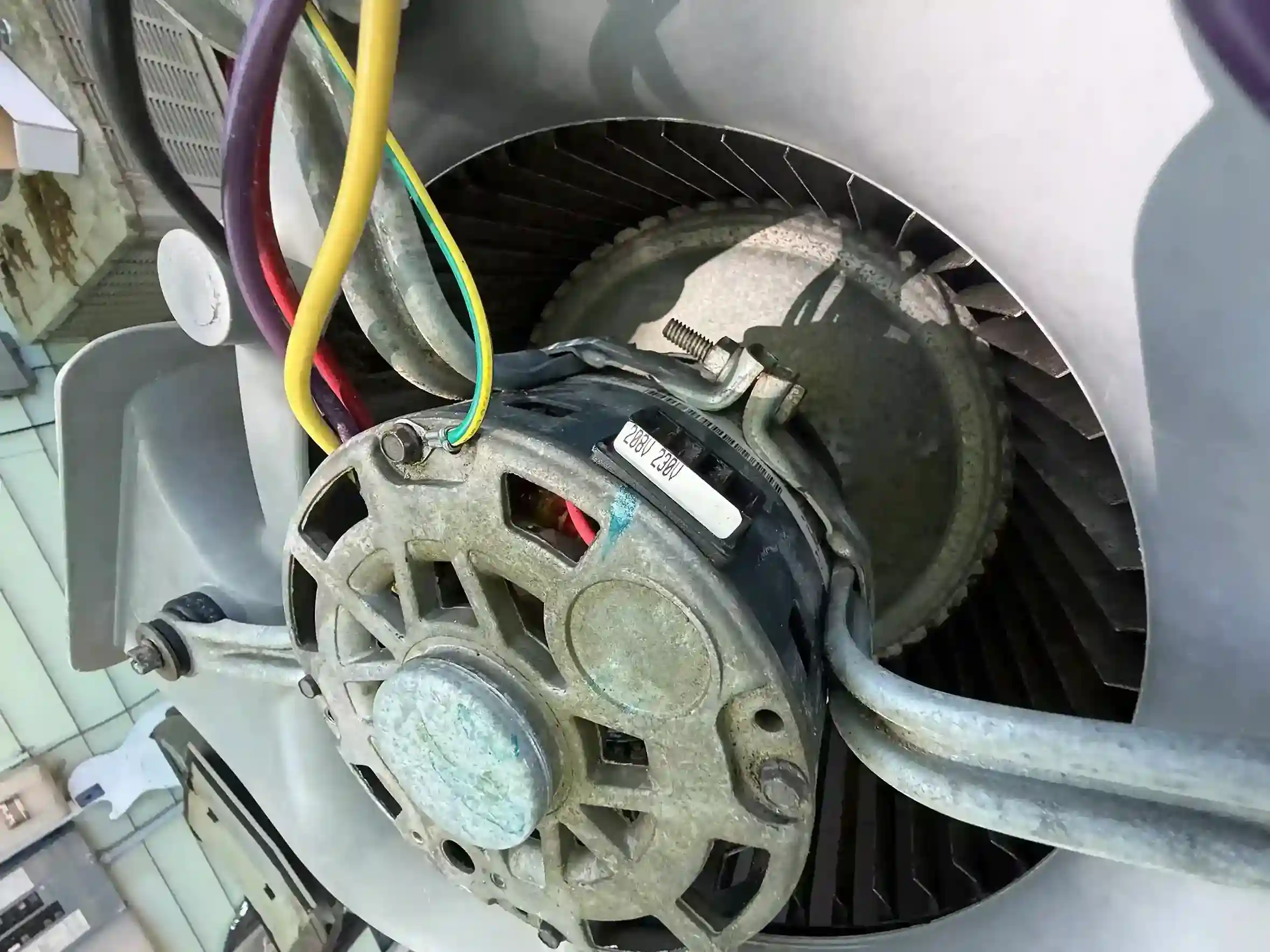 Blower motor nameplate showing 208V-230V rating with color-coded lead wires identified